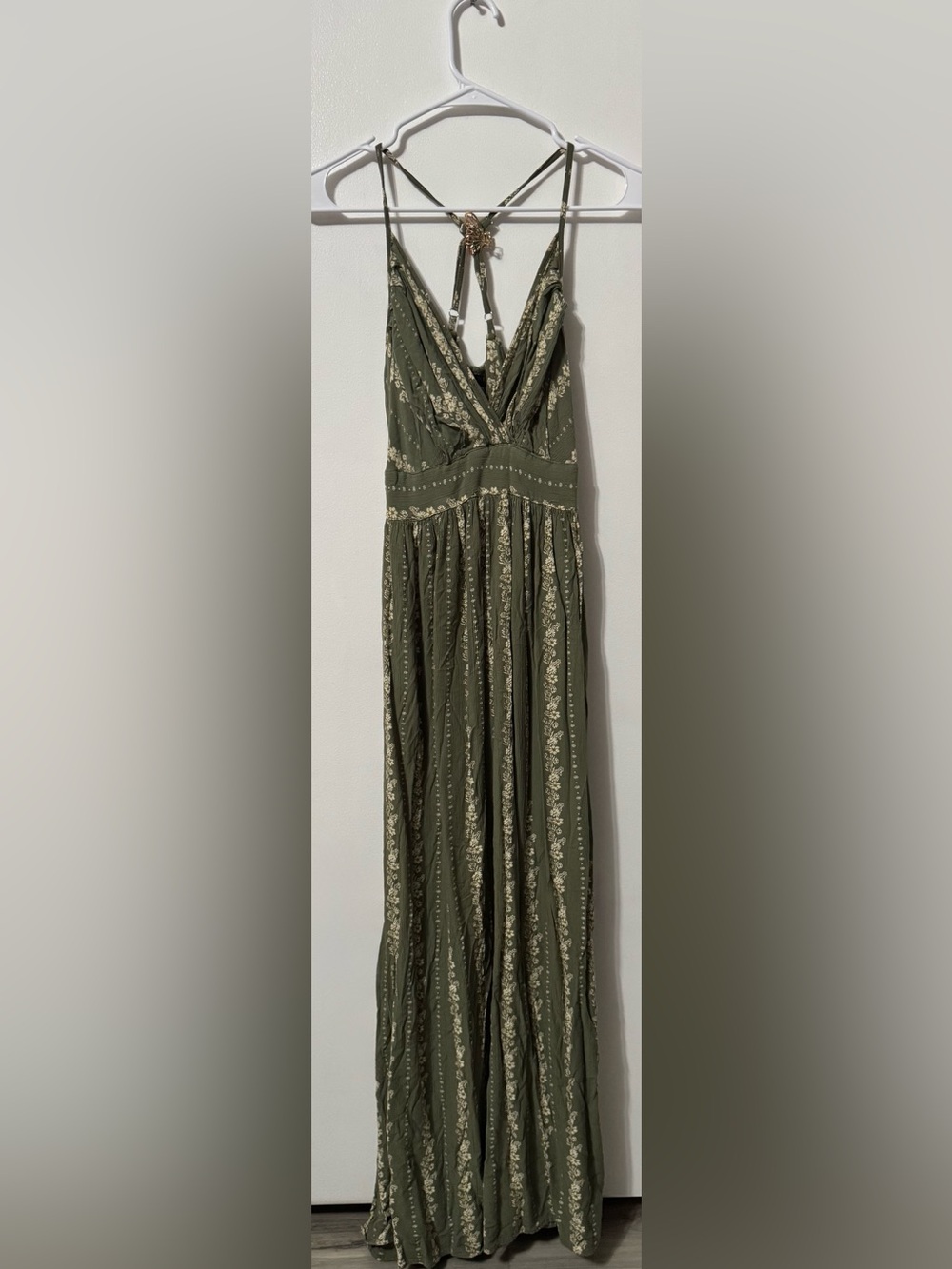 Angie Olive Maxi Dress with Cream Floral Stripe